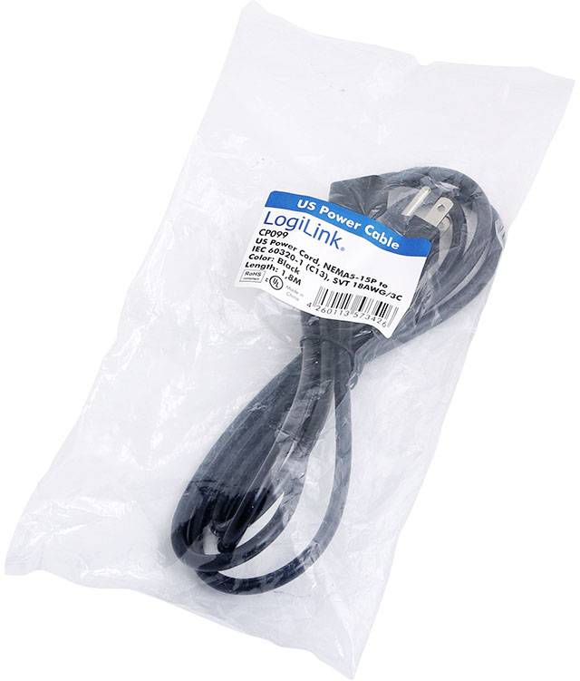 Americký napájecí kabel v průhledném plastovém sáčku s modrým štítkem 'LogiLink'.