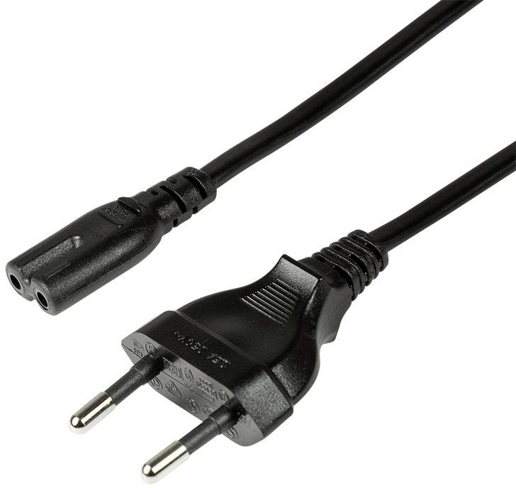 Evropský síťový kabel se Schuko zástrčkou a dvoupólovým samičím konektorem, vhodný pro elektrické spotřebiče.