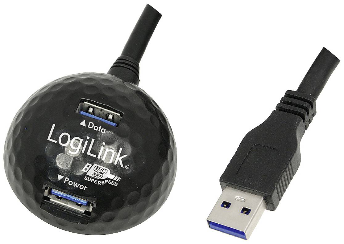 Kulový, černě strukturovaný USB hub se dvěma USB porty, jeden označený jako 'Data', druhý jako 'Power', a s USB kabelem.