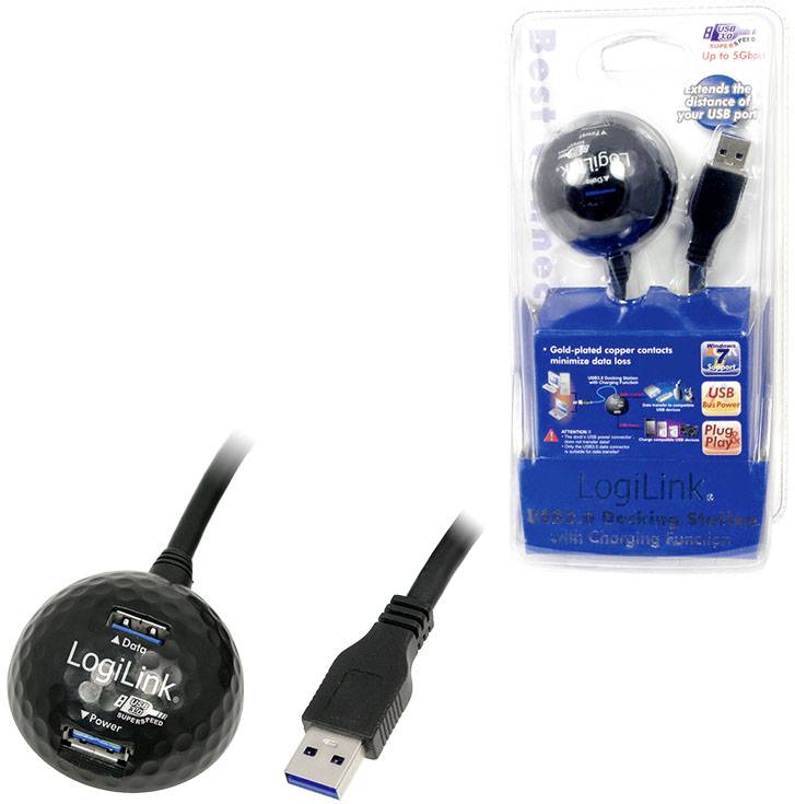 USB 3.0 aktivní prodlužovací kabel od LogiLink, černý, zabalený, název produktu a detaily viditelné na obalu.