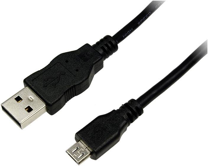 Černý USB kabel se standardním USB konektorem na levé straně a micro-USB konektorem na straně pravé.