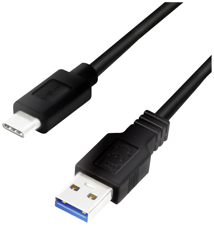 Černý USB kabel s USB-C konektorem na levé straně a USB-A konektorem na straně pravé.