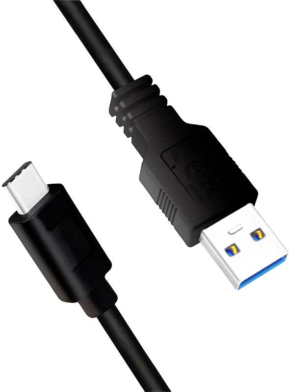 USB kabel s konektory USB-C a USB-A, vhodný pro přenos dat a nabíjení, černý design.