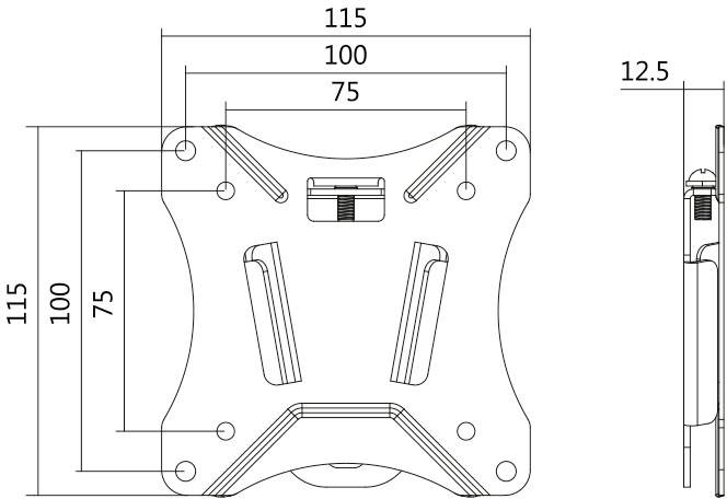 Technický výkres držáku VESA. Čtvercový design s rozměry: 100x100 mm a 75x75 mm. Boční hloubka: 12,5 mm.
