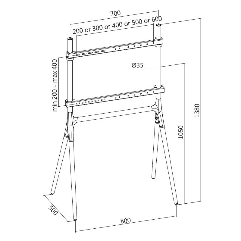 Technický výkres stojanu s rozměry. Výška 1380 mm, šířka 700 mm, nastavitelné nohy široké 500 mm.