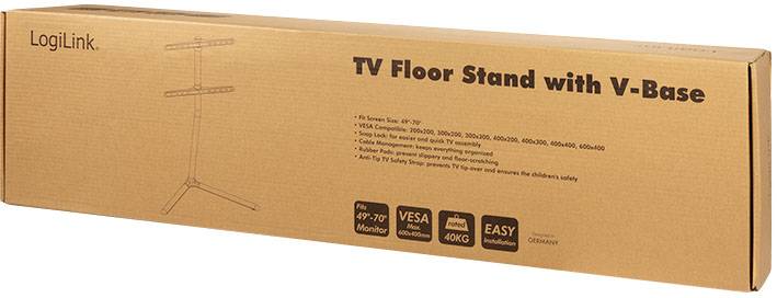 Balení TV stojanu značky LogiLink s V-základnou, vhodného pro televizory 49"-70", kompatibilního se standardem VESA, s maximálním zatížením 40 kg.