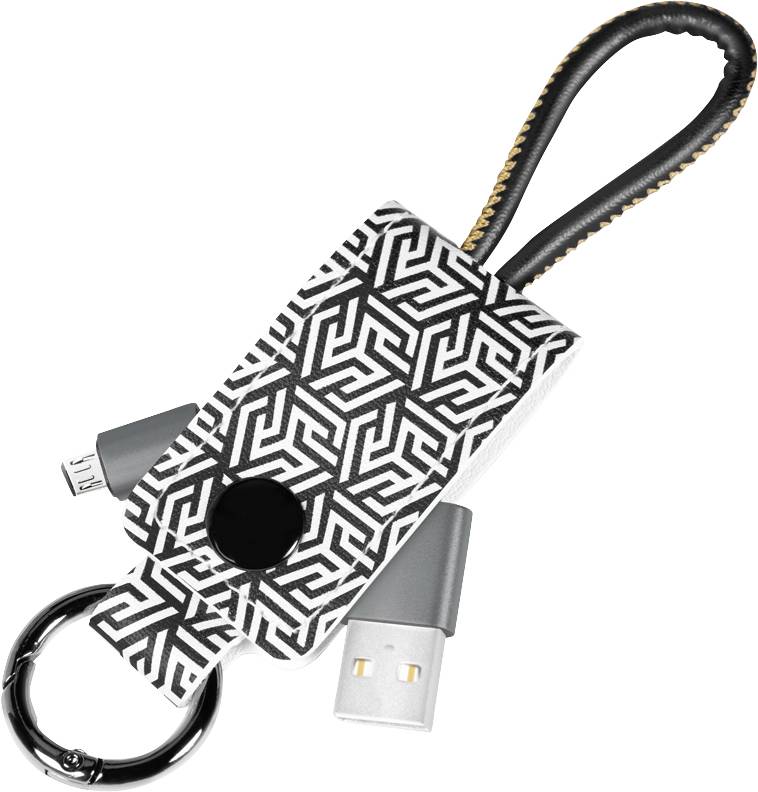 USB nabíjecí kabel s geometrickým vzorem a klíčenkou, disponující konektory pro USB, micro-USB a Lightning.