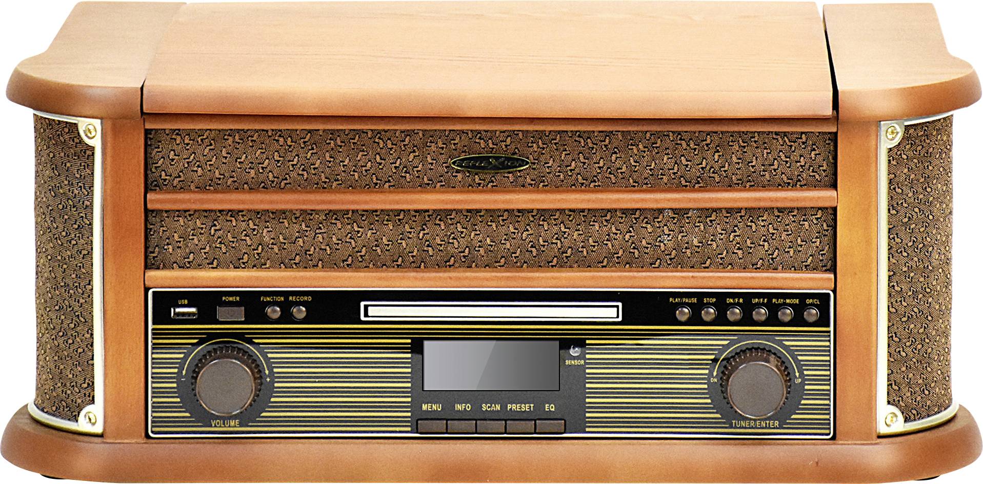 Vintage rádio ve vzhledu dřeva s mřížkou reproduktoru, otočnými knoflíky a digitálním displejem. Retro design s klasickým nádechem.