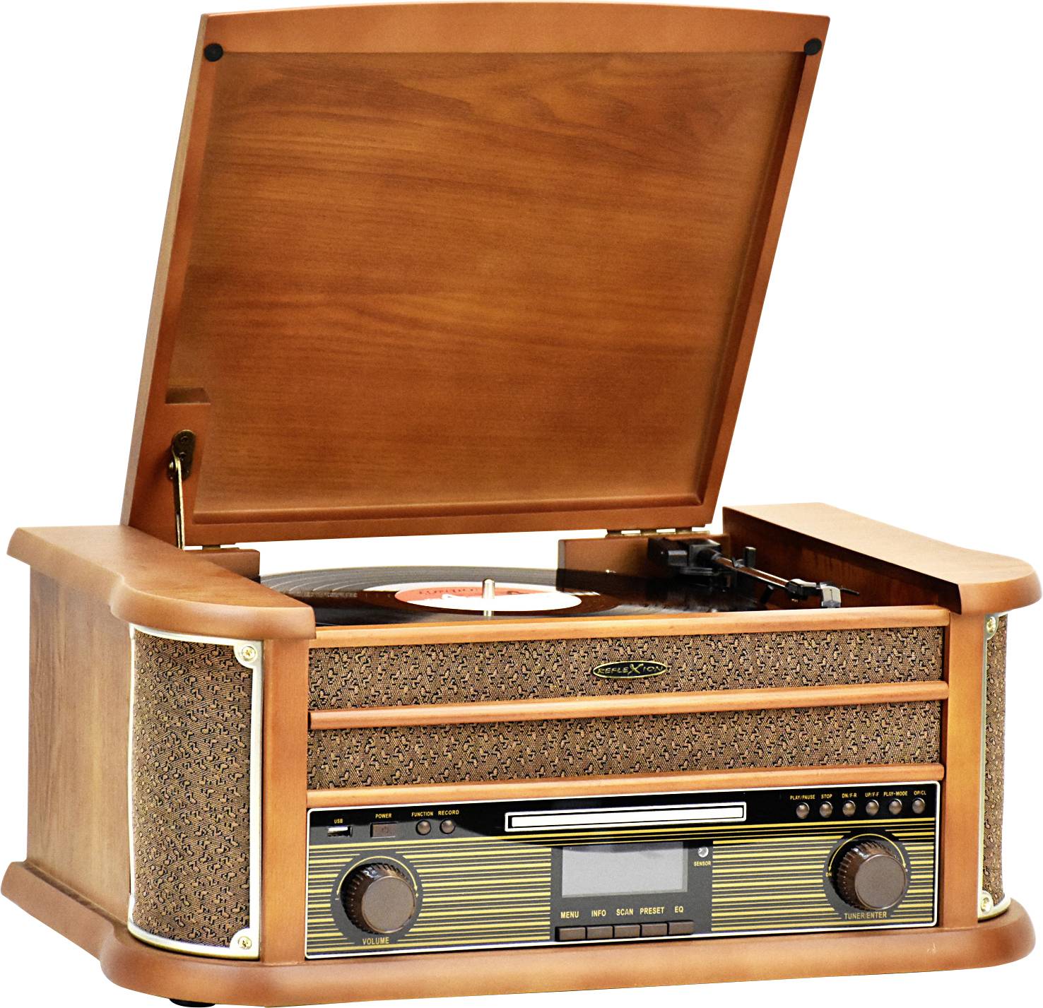 Dřevěný vintage gramofon s otevřeným víkem. Na desce leží vinylová gramofonová deska a čelní strana obsahuje ovládací panel.