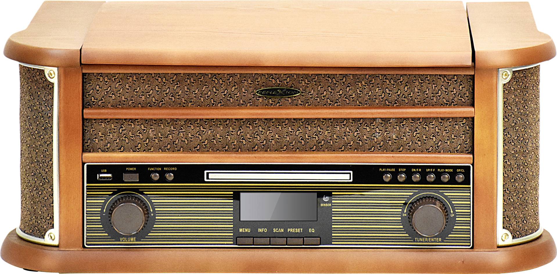 Retro rádio ve dřevěném obalu se zlatými detaily a ovládacími tlačítky. Kombinuje vintage design s moderní funkcionalitou.