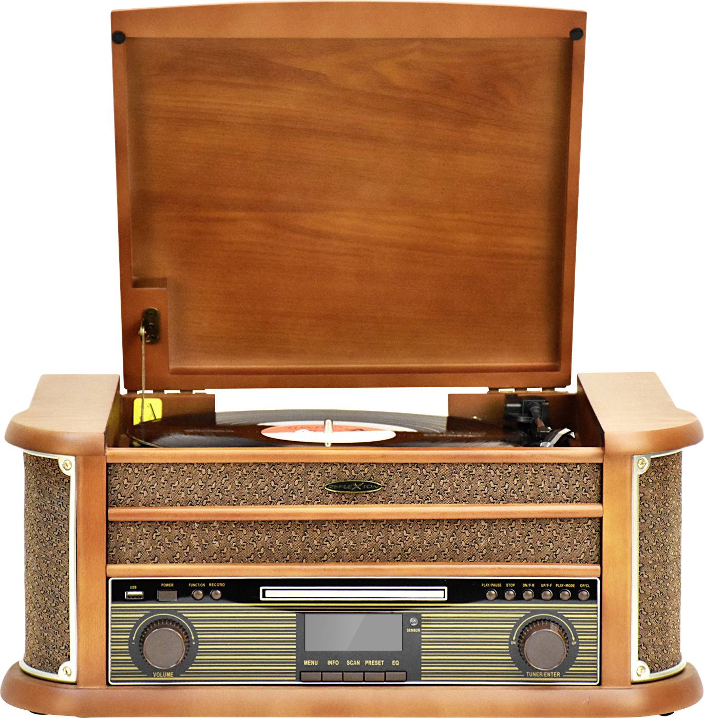Retro gramofon s otevřeným víkem přehrává vinylovou desku. Design připomíná staré rádio s moderními ovládacími prvky.