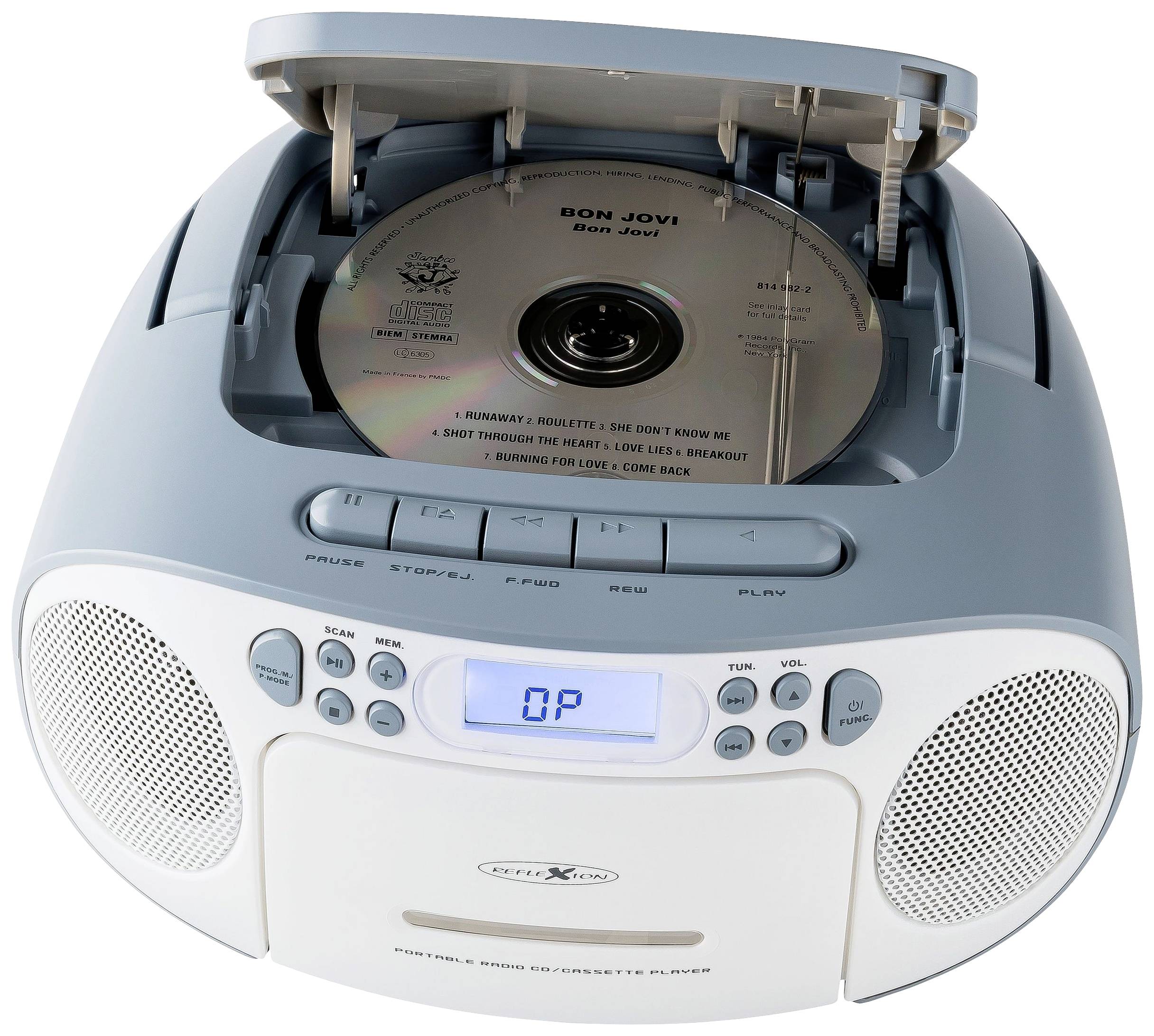 Přenosný CD přehrávač s otevřeným CD mechanismem zobrazuje CD od skupiny Bon Jovi. Na displeji je zobrazeno 'OP', což signalizuje otevřený stav.