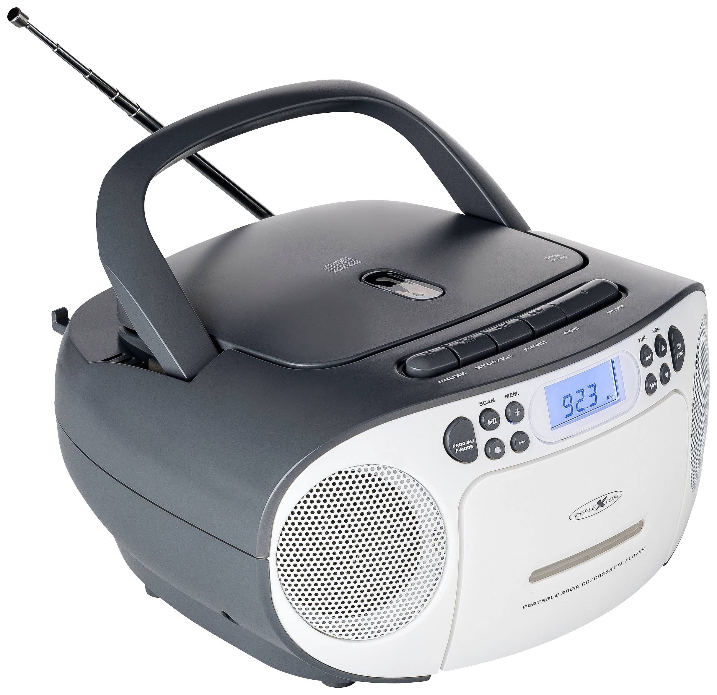 Přenosný, šedý a bílý rádio s CD přehrávačem, kazetovým magnetofonem a vysouvací anténou. Na displeji je zobrazeno '92,3'.