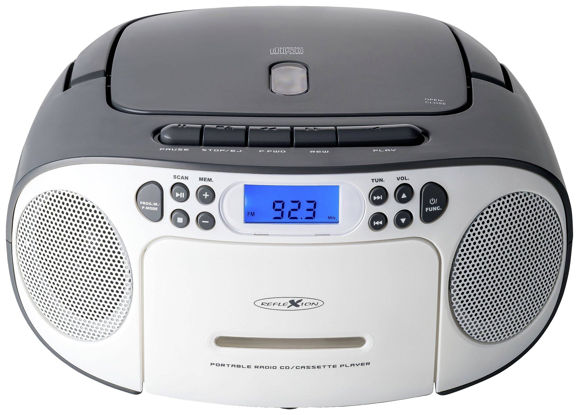 Přenosný rádio a kazetový přehrávač v šedém a bílém designu s modrou LED indikací, reproduktory a ovládacími tlačítky na horní straně.
