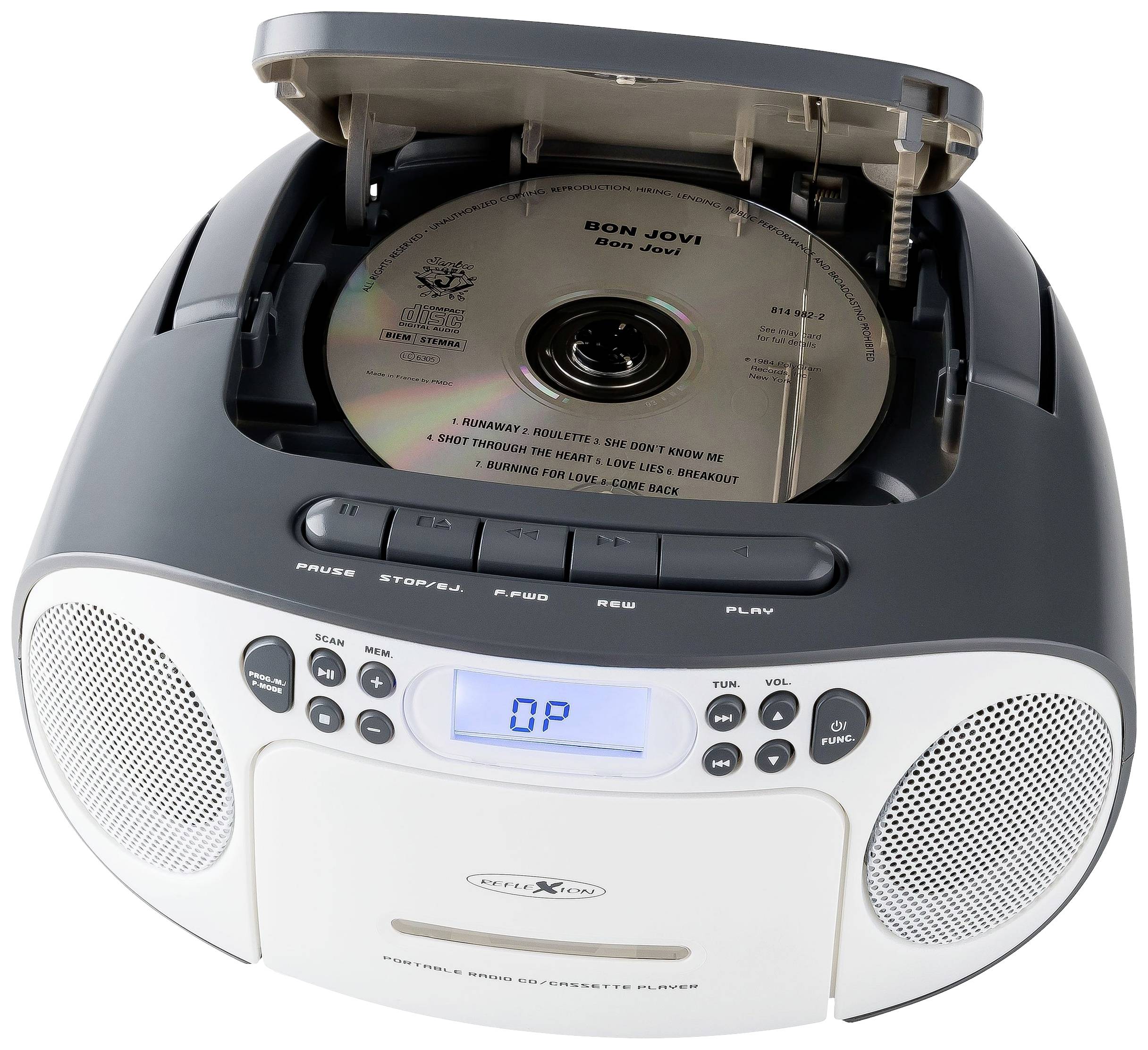 CD přehrávač s otevřeným víkem. Je viditelné CD s nápisem 'Bon Jovi'. Na displeji přístroje je zobrazeno 'OP'.