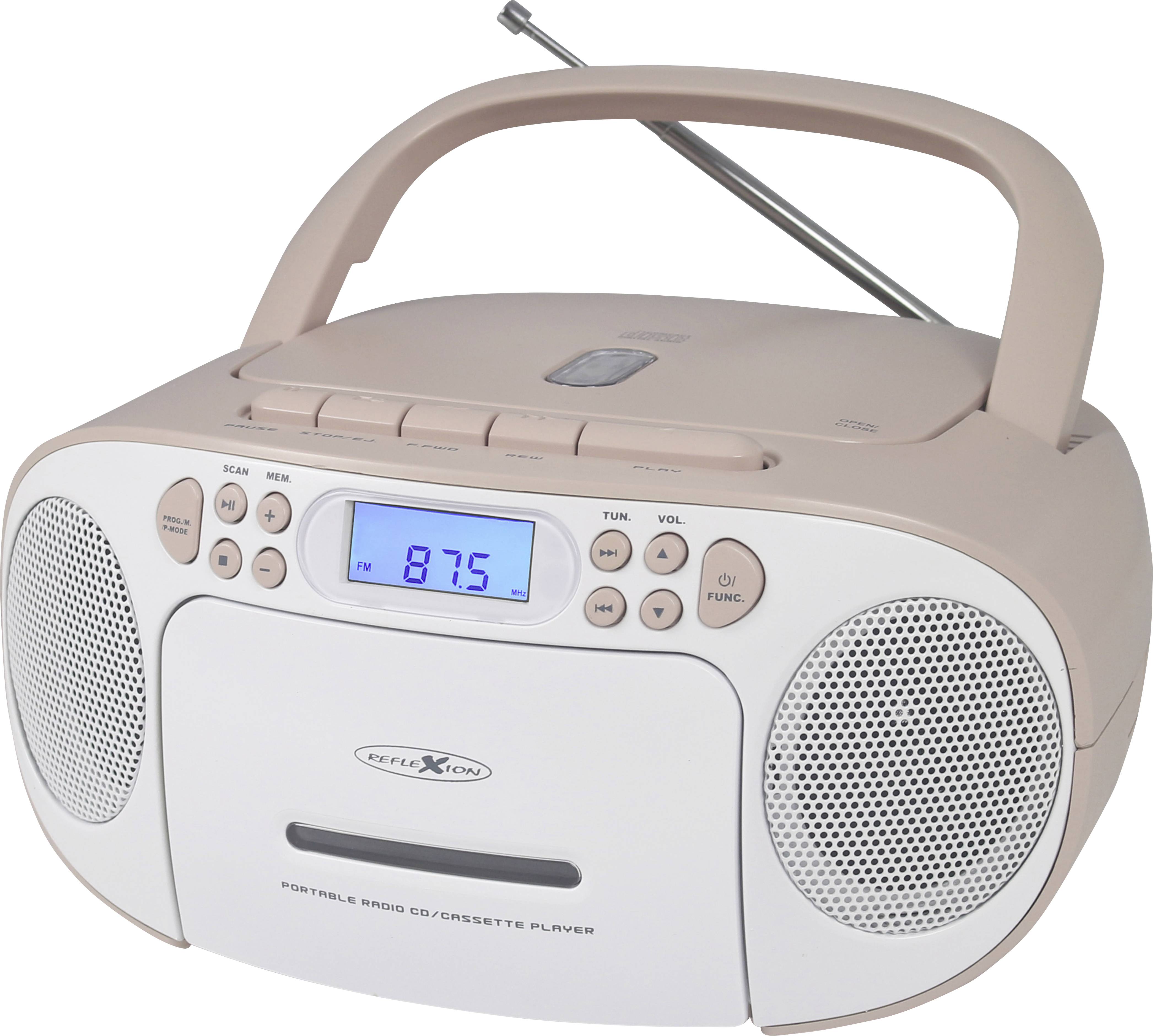 Přenosný CD/kazetový přehrávač s rádiem. Zobrazuje frekvenci FM 87,5. Béžové barvy, s integrovanými reproduktory a anténou nahoře.