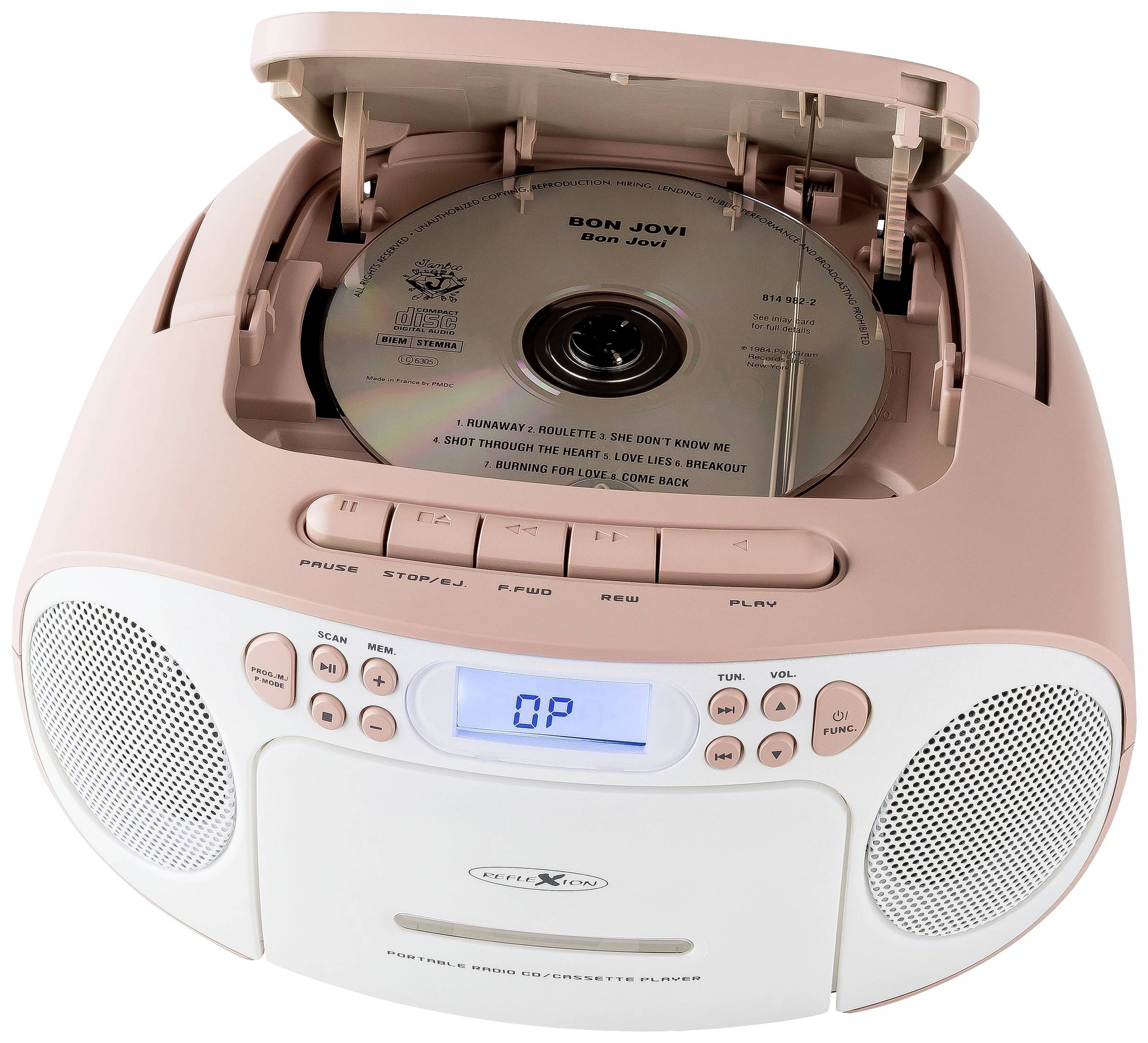 Přenosný CD přehrávač v růžové a bílé barvě s otevřeným krytem CD mechaniky. Disk od Bon Jovi je vložen a připraven k přehrání.