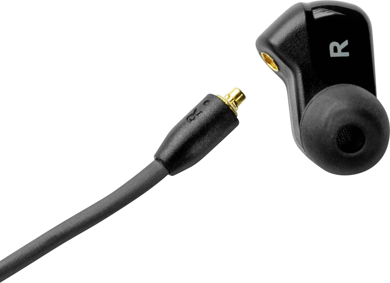 Černá sluchátka a odpojitelný kabel, pravý kanál, se zlatým konektorem, viditelné izolované bílé písmeno 'R'.
