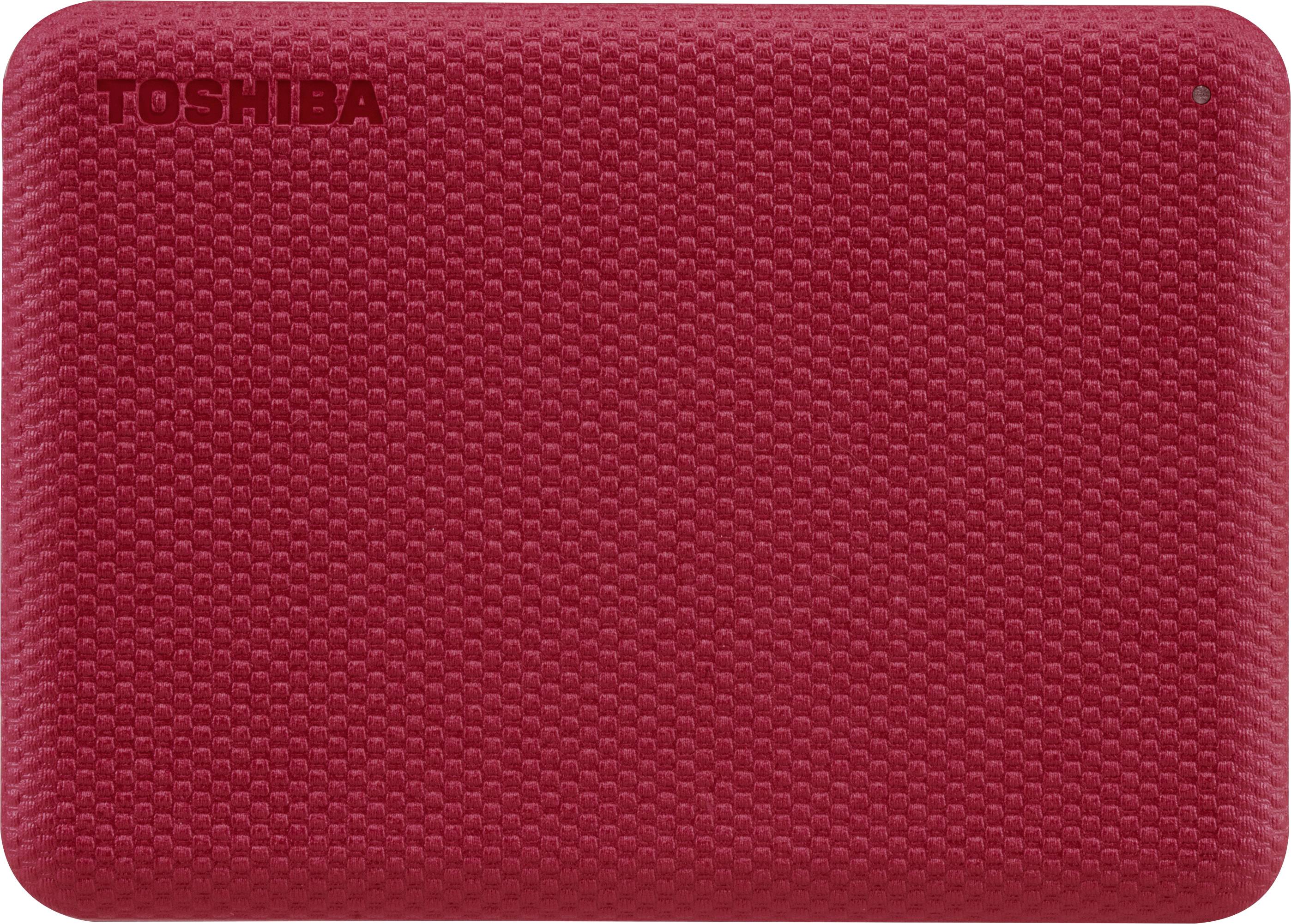 Externí červený pevný disk Toshiba se strukturovaným pouzdrem.