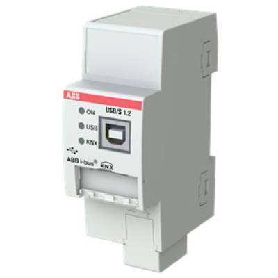KNX USB rozhraní od ABB pro techniku budov. Zobrazuje stavové indikátory pro 'ON', 'USB' a 'KNX'.