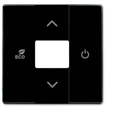 Černý ovládací panel s bílými šipkami nahoru a dolů, symbolem Eco a symbolem napájení.