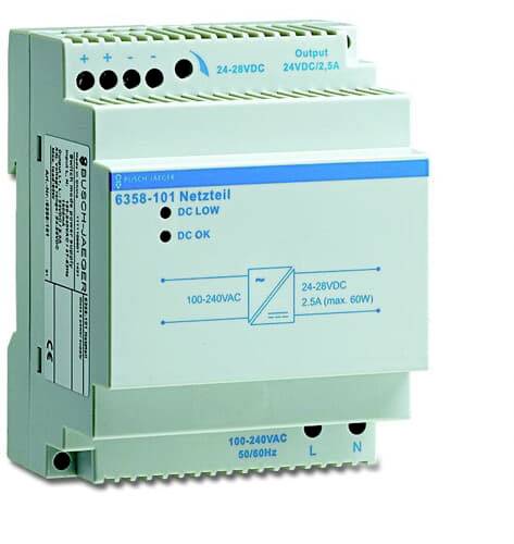 Elektrický napájecí zdroj, model 6358-101, vstupní napětí: 100-240VAC, výstup: 24-28VDC, 2,5A. Vhodný pro montáž na DIN lištu.