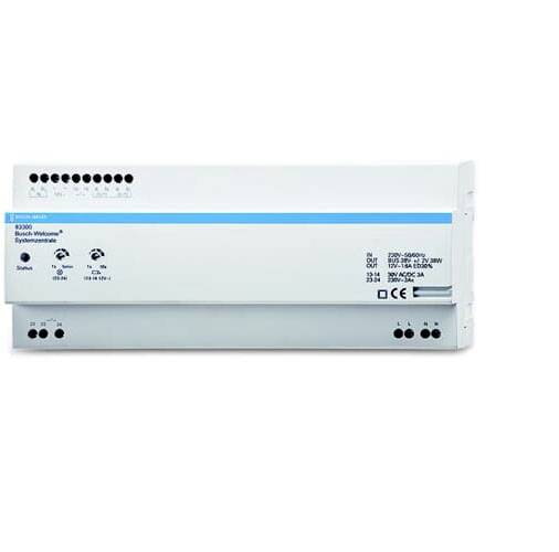 Bílá elektronická rozvodná skříň s modrou linkou a popiskem na přední straně. Vhodná pro řízení elektrických systémů.