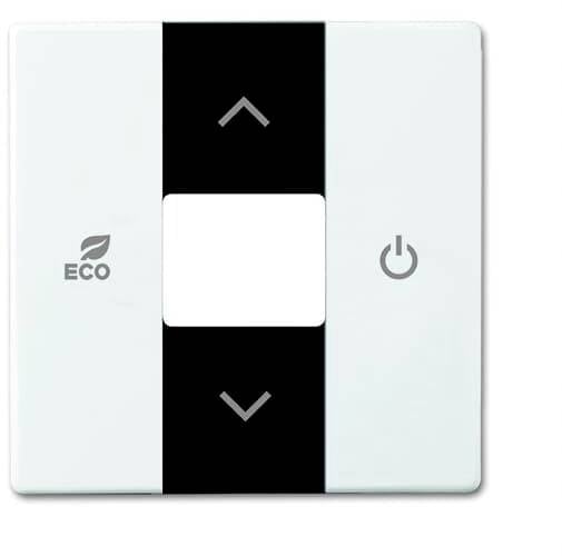 Bílý vypínač se třemi symboly: šipky nahoru a dolů, 'ECO' s motivem listu vlevo a symbol zapnuto/vypnuto vpravo.
