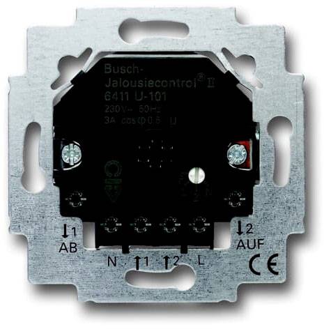Kovový spínač s nápisem 'Busch-Jalousiecontrol II 6411 U-101'. Vhodný pro 230V, 50Hz, s označením CE.