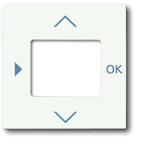Bílý ovládací panel se čtyřmi modrými symboly: šipka nahoru, šipka dolů, šipka doprava a 'OK'.
