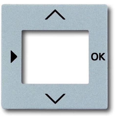Šedý obdélníkový ovládací panel se šipkami nahoru, dolů, doleva a tlačítkem 'OK' vpravo; ovládací prvek.