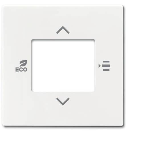 Bílý kryt spínače s logem 'ECO' a šipkami nahoru a dolů. Vpravo je symbol se třemi horizontálními čárami.