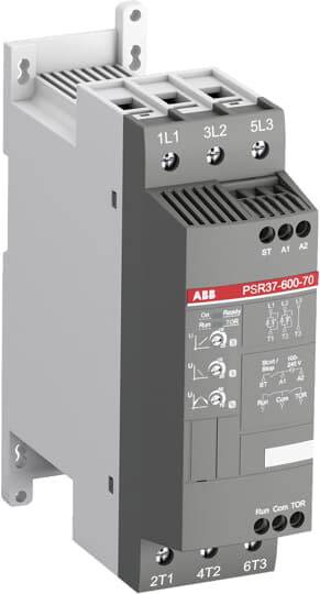 Obrázek zobrazuje šedý průmyslový spínač značky ABB, model PSR37-600-70. Disponuje několika přípojkami.