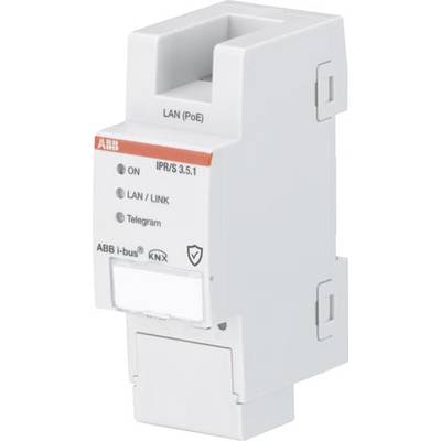 IP router ABB i-bus KNX IPR/S 3.5.1 s indikačními LED diodami pro 'ON', 'LAN/LINK' a 'Telegram', vhodný pro LAN (PoE).