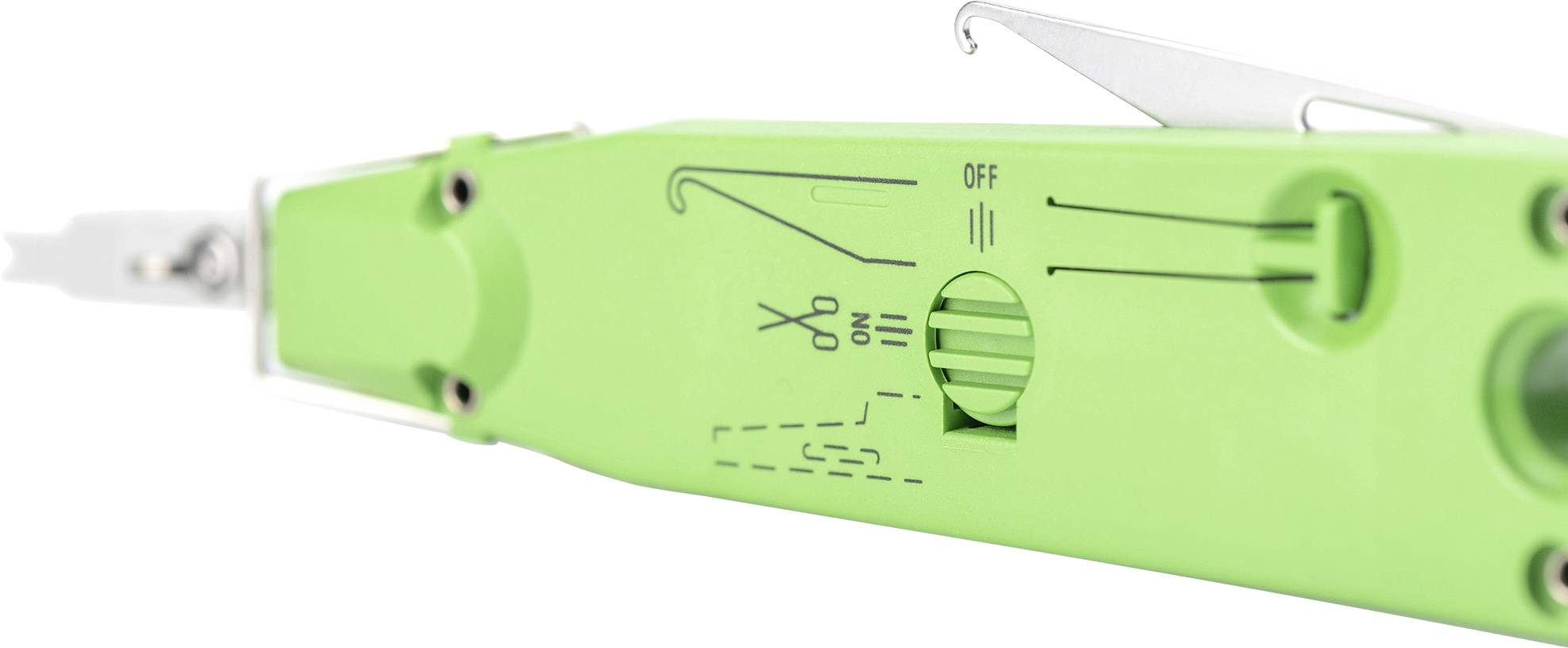 Detailní záběr zeleného nástroje s různými funkcemi, otočným voličem a symboly pro nastavení. Ideální pro technické práce.