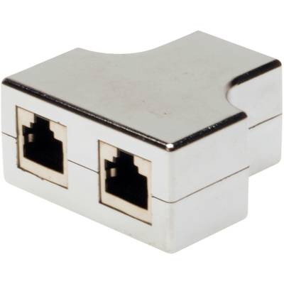 Stříbrný ethernetový rozbočovač se dvěma RJ45 porty, který umožňuje připojení dvou zařízení do jedné sítě prostřednictvím jediného kabelu.