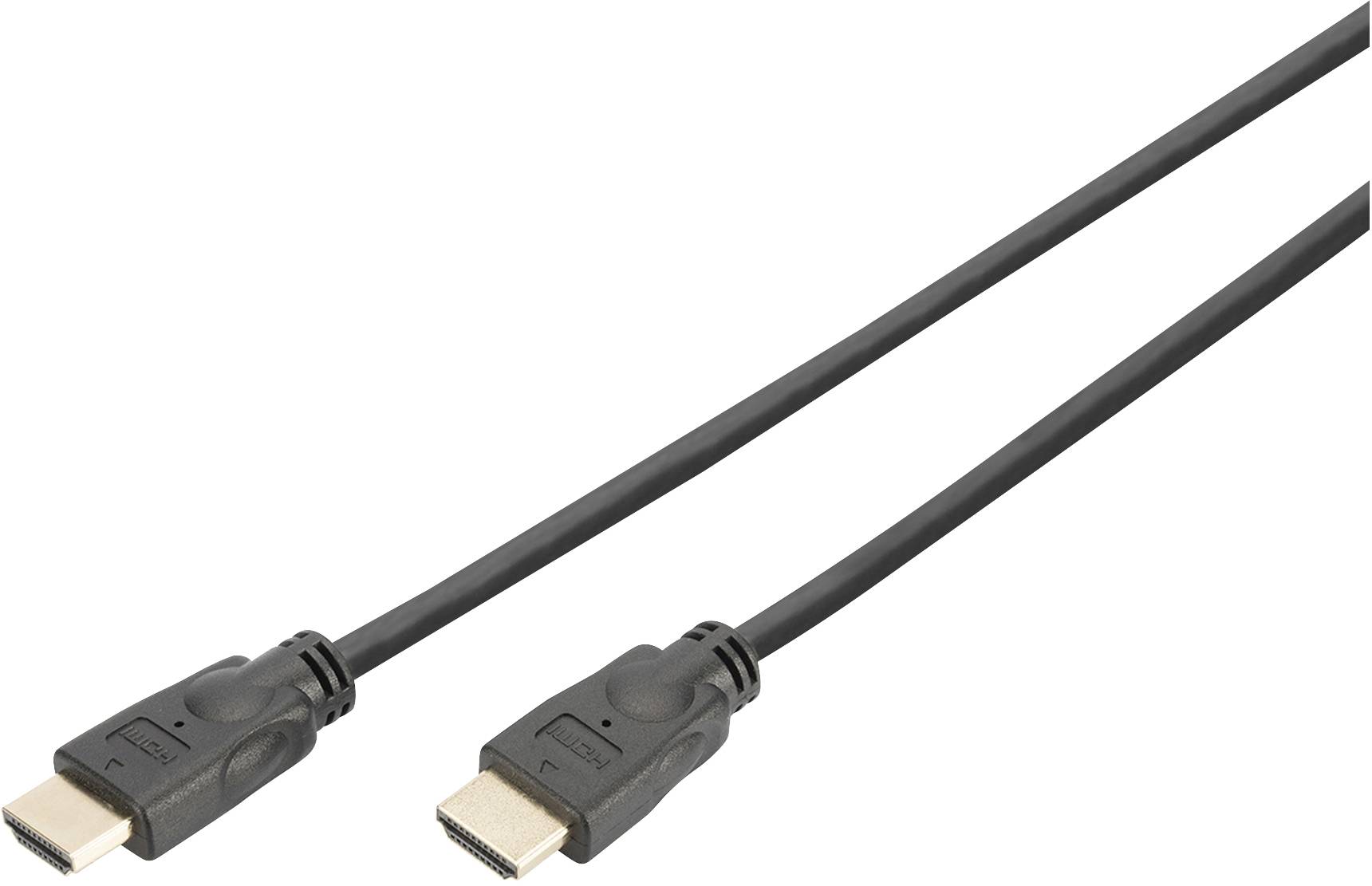 Černý HDMI kabel se dvěma konektory; slouží k propojení multimediálních zařízení, jako jsou televize a počítače, pro přenos audio a video signálů.