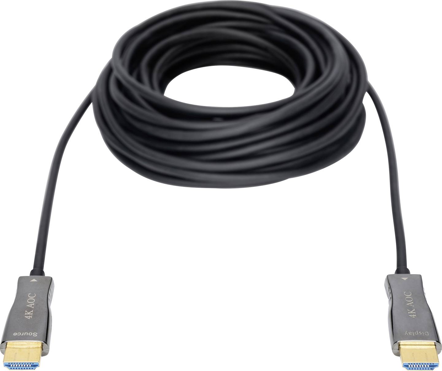 Dlouhý černý HDMI kabel vhodný pro 4K přenos, navinutý a opatřený kryty na obou koncích, navržený pro přenos audio a video signálů.