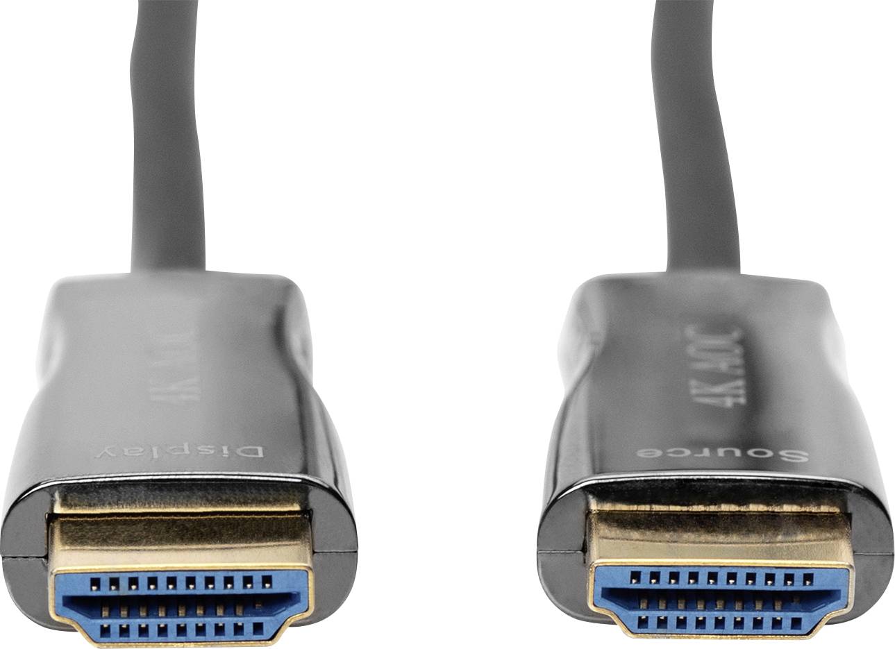 Dva HDMI kabely s nápisy 'Display' a 'Source' na konektorech, znázorňující různé funkce v domácím kinosystému.
