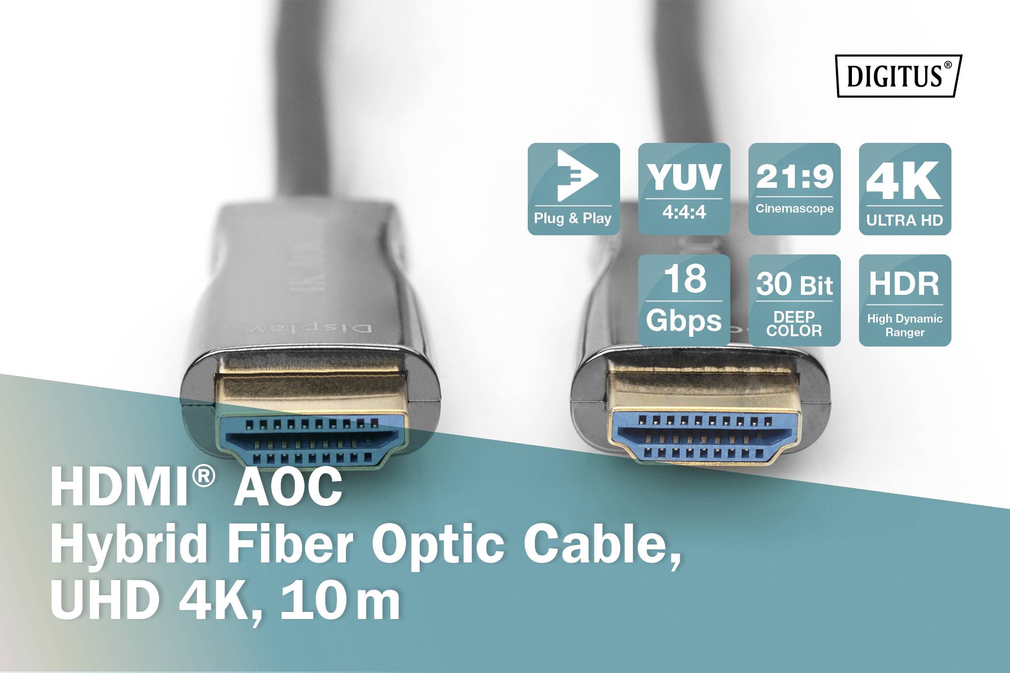Dva HDMI kabely s textem 'HDMI® AOC hybridní optický kabel, UHD 4K, 10m', nabízející vysokou rychlost a rozlišení.