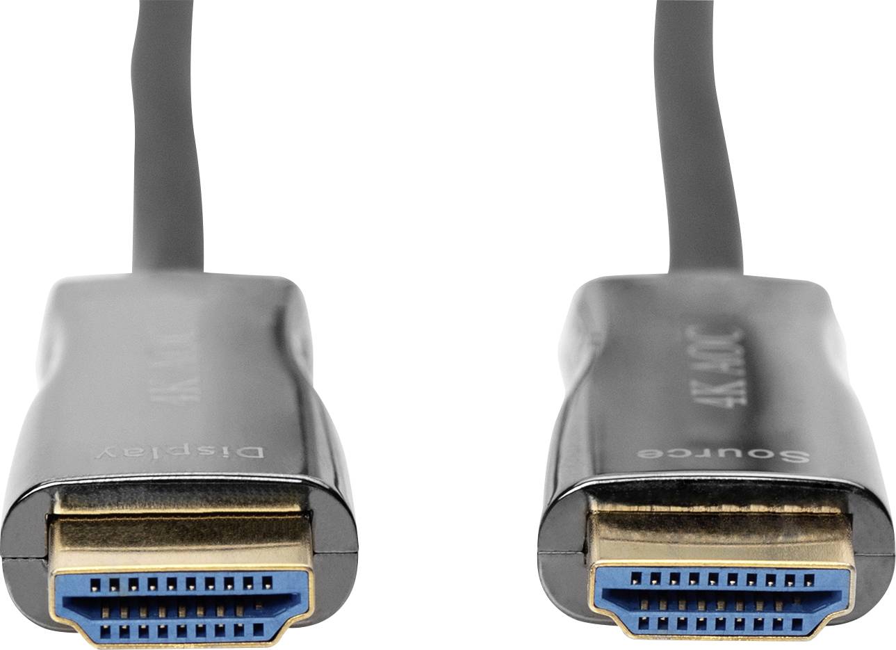 Dva HDMI kabely s označeními 'Display' a 'Source' na koncovkách, každý s modrými vnitřními konektory.
