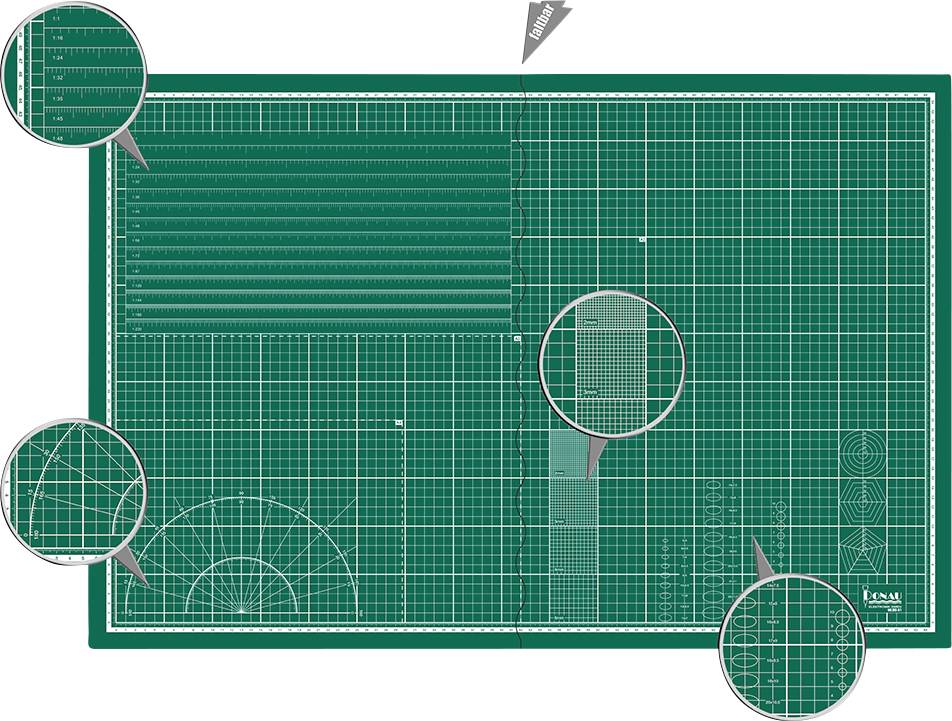Zelená řezací podložka s bílou mřížkou, měřicími stupnicemi v centimetrech a úhlech. Zvětšené pohledy na úhlové a vzorové oblasti.