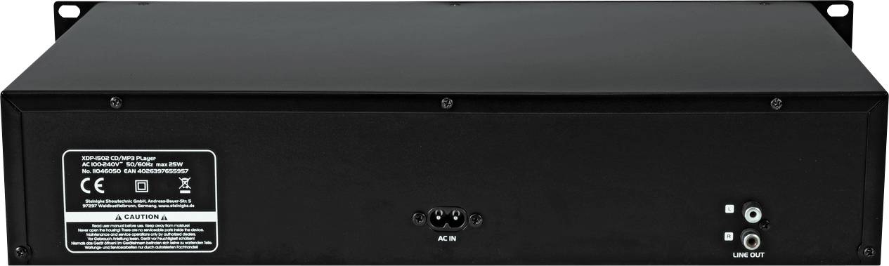 Zadní pohled elektronického zařízení s přípojkami a výstražnými štítky. Obsahuje audio výstup a napájecí konektor.