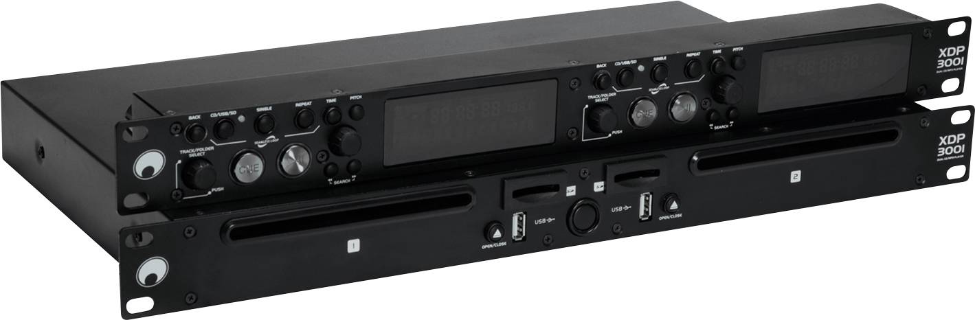 Audiosystém se dvěma černými, obdélníkovými zařízeními naskládanými na sebe. Obě zařízení jsou vybavena ovladači a displeji.