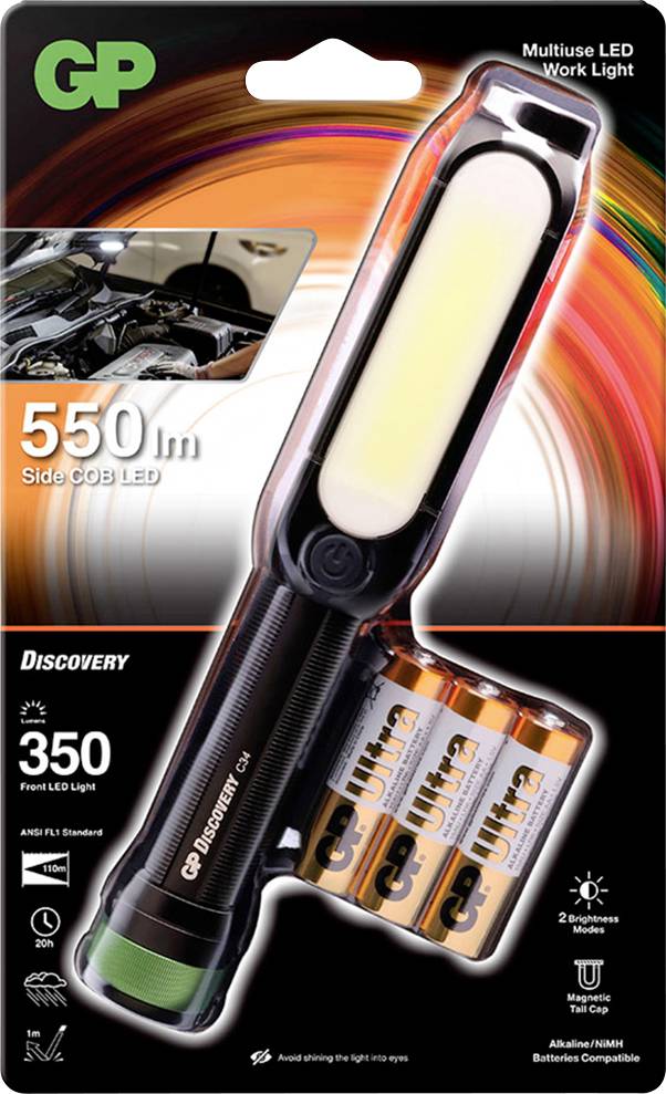 Balení LED pracovní svítilny s bateriemi, svítivost 550 lumenů, zaměření na opravy vozidel, dosah světla 350 metrů.