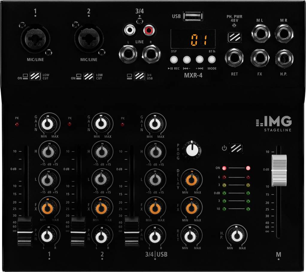 IMG Stageline MXR-4 mixážní pult s několika kanály, otočnými regulátory a konektory pro úpravu a ovládání audia.