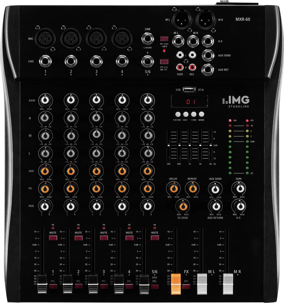 Černošedý směšovací pult pro audio se sadou potenciometrů, tlačítek a konektorů, označený jako 'IMG Stageline MXR-60'.