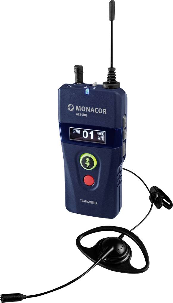 Monacor ATS-80T bezdrátový vysílač s mikrofonem a anténou, určený pro audio přenosy. Disponuje displejem a ovládacími tlačítky.