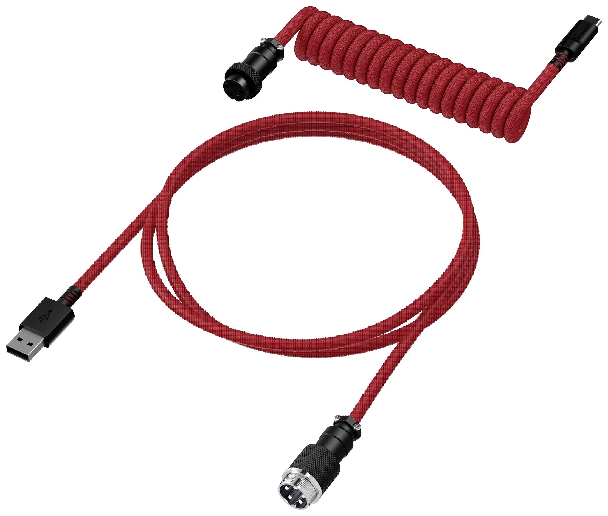 Červený, spirálovitý kabel s USB konektorem na jedné straně a kulatým konektorem na straně druhé.