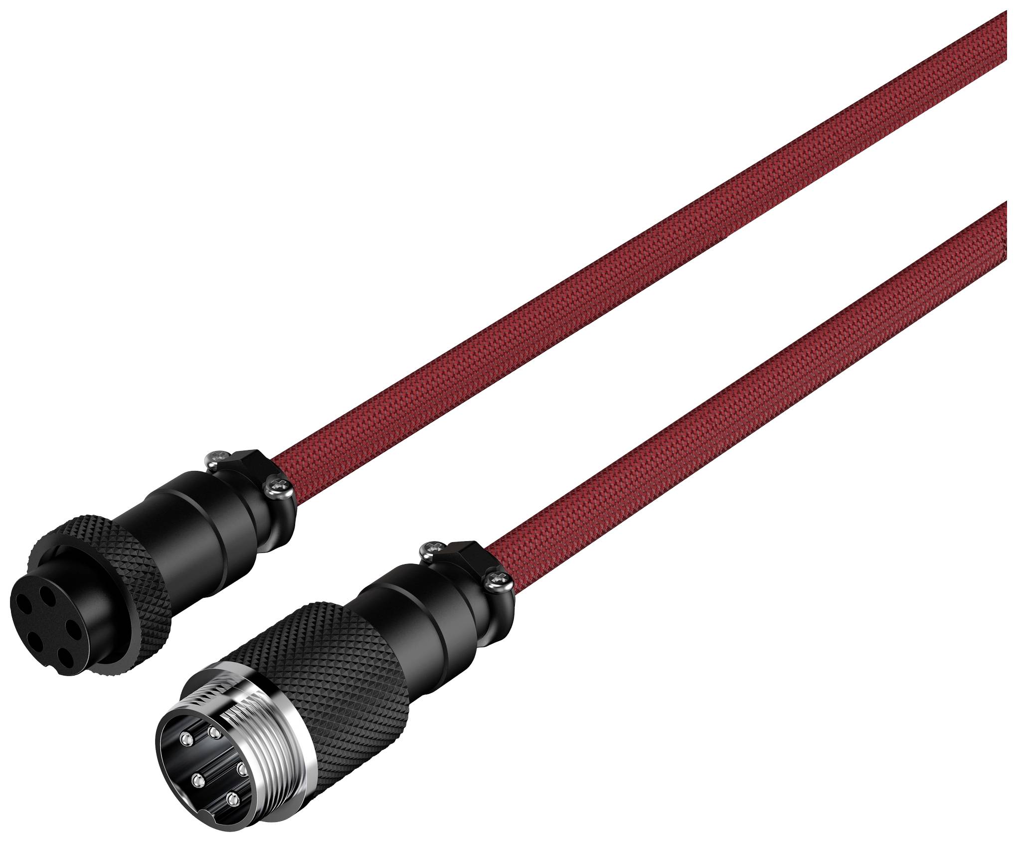 Červený reproduktorový kabel se zaoblenými konektory, samčí a samičí. Primárně používaný pro připojení audio zařízení.